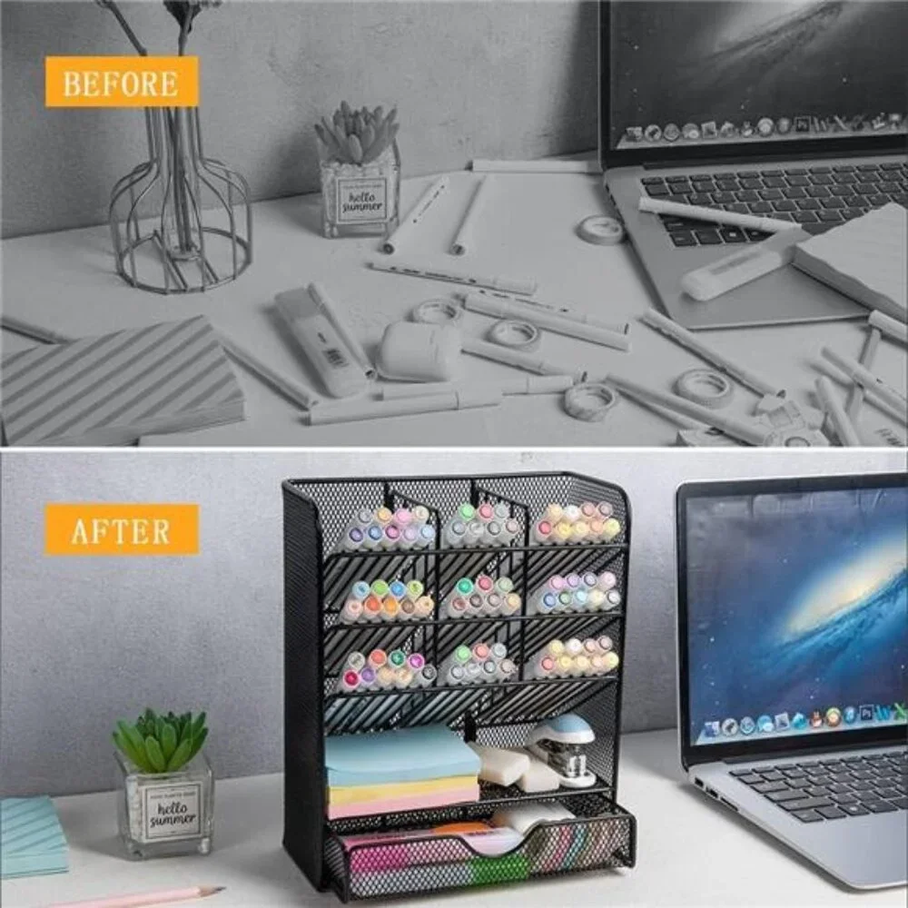 Metal Pen‎ Organizer with Drawer: Black Desk Organizer for School & Home